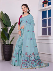 Shailja Frozen Sky Blue Muga Cotton Jamdani Saree With Contrast Blouse